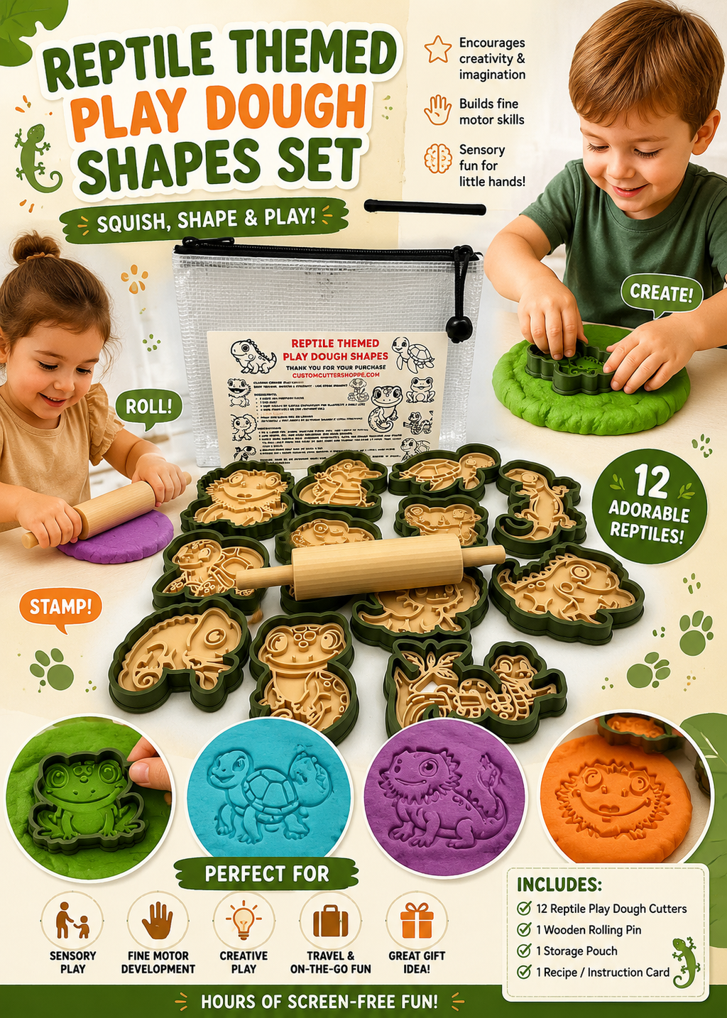 Reptile Themed Kids Play Dough Kit, Sensory Play Kit, Montessori Toy, Gift for Kids, Creative Play Set, Preschool Learning Toy (Copy 2)