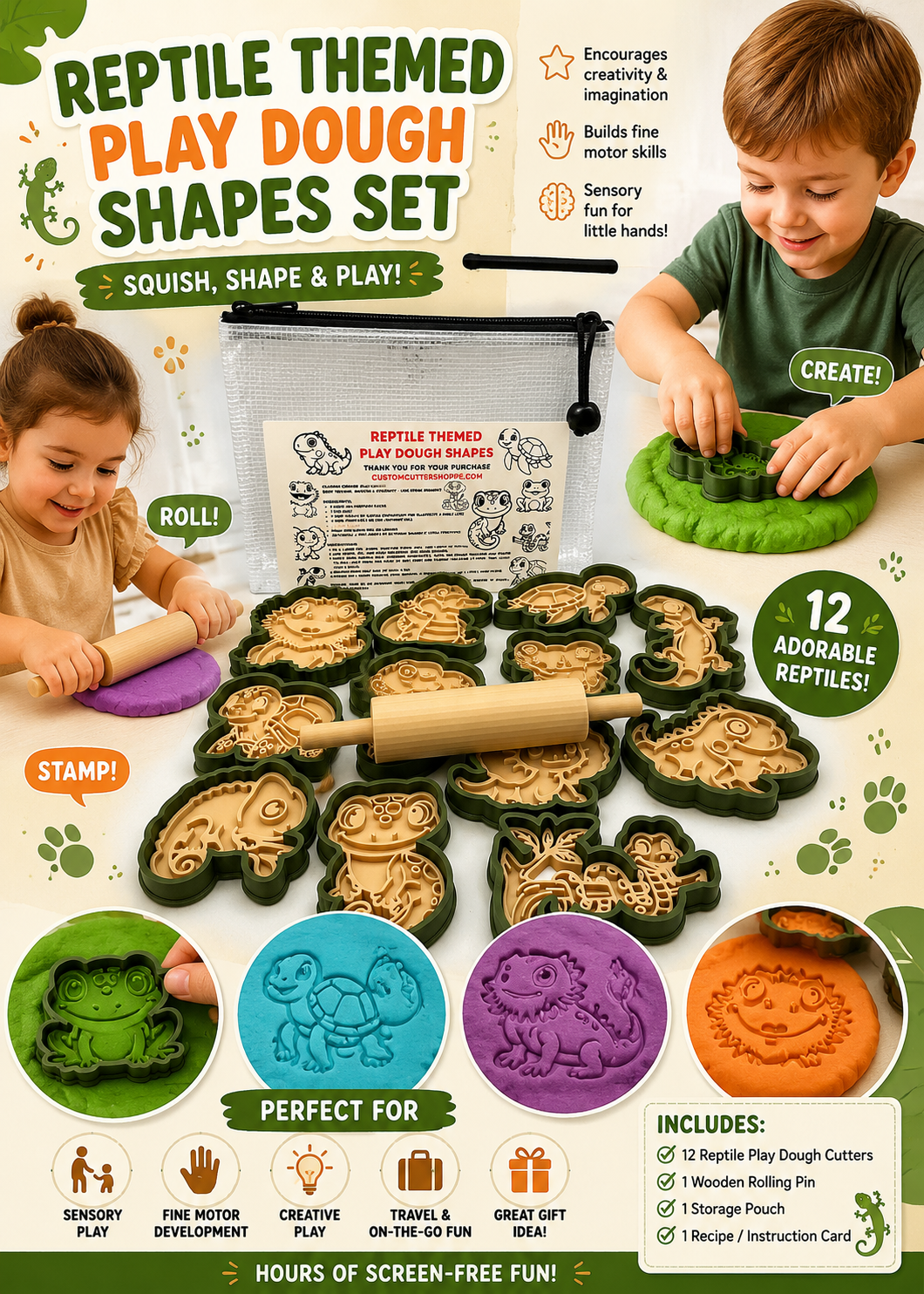 Reptile Themed Kids Play Dough Kit, Sensory Play Kit, Montessori Toy, Gift for Kids, Creative Play Set, Preschool Learning Toy (Copy 2)