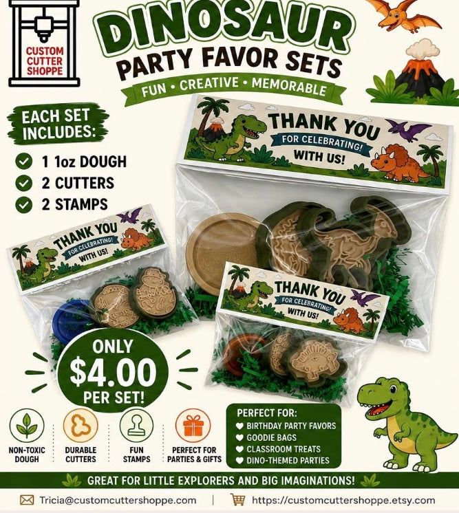 Dinosaur Party Favor Set, Play Dough Kit with 1 dough & 2 Cutters/Stamps, Dinosaur Birthday Goodie Bag, Kids Party Gift, Classroom Treat