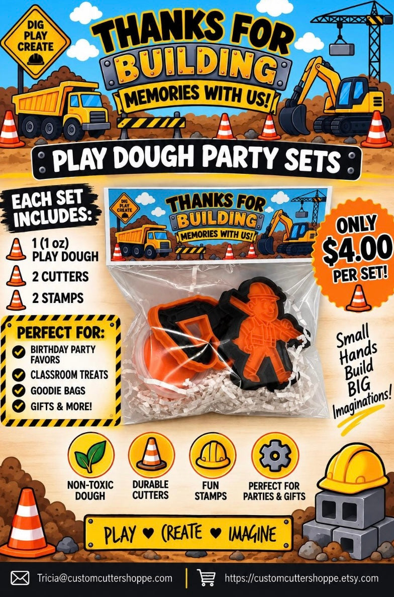 Construction Party Favor Set, Play Dough Kit with 1 dough & 2 Cutters/Stamps, Birthday Goodie Bag, Kids Party Gift, Classroom Treat